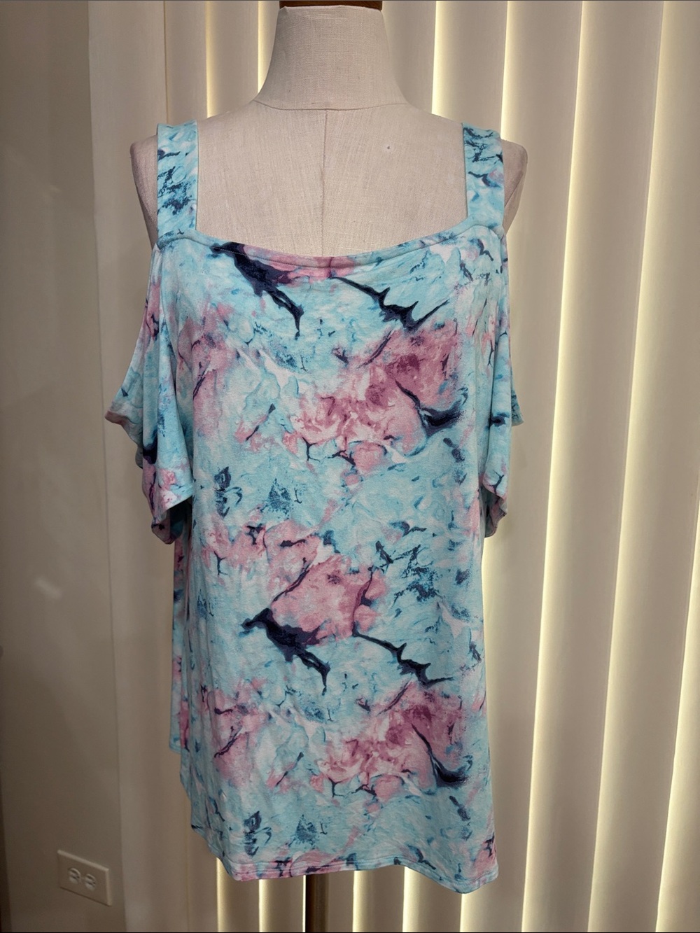 JM Collection Aqua, Pink & Navy Tie-Dye Cold-Shoulder Tank top stretchy casual L